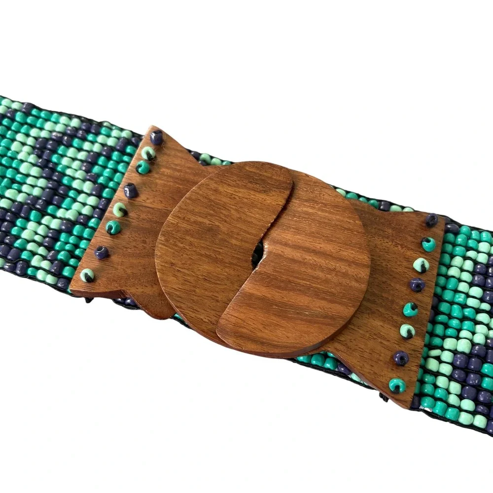 VTG Boho Beaded Stretch Belt Wood Buckle Teal Blue Chevron Zig Zag Wide Mermaid